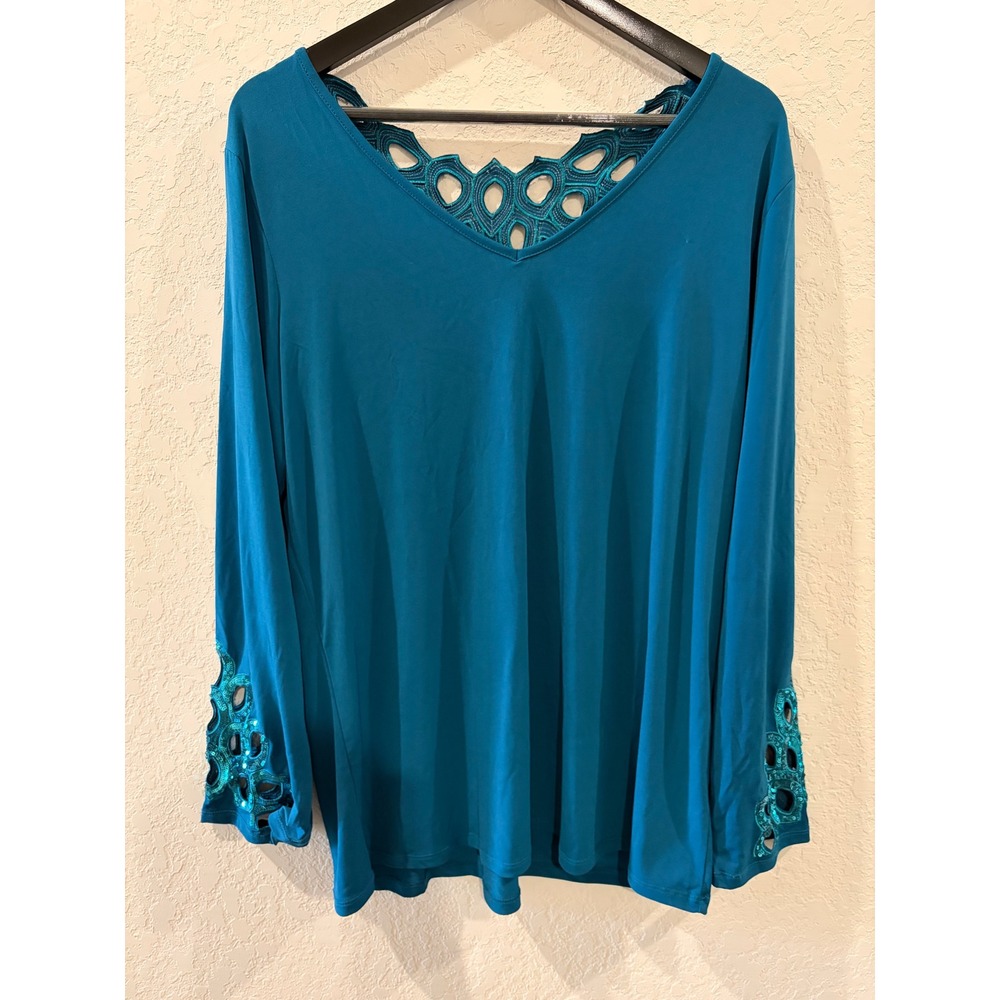 Joan Boyce Teal Blue V-Neck Sequin Cutout Back Long Sleeve Top XL